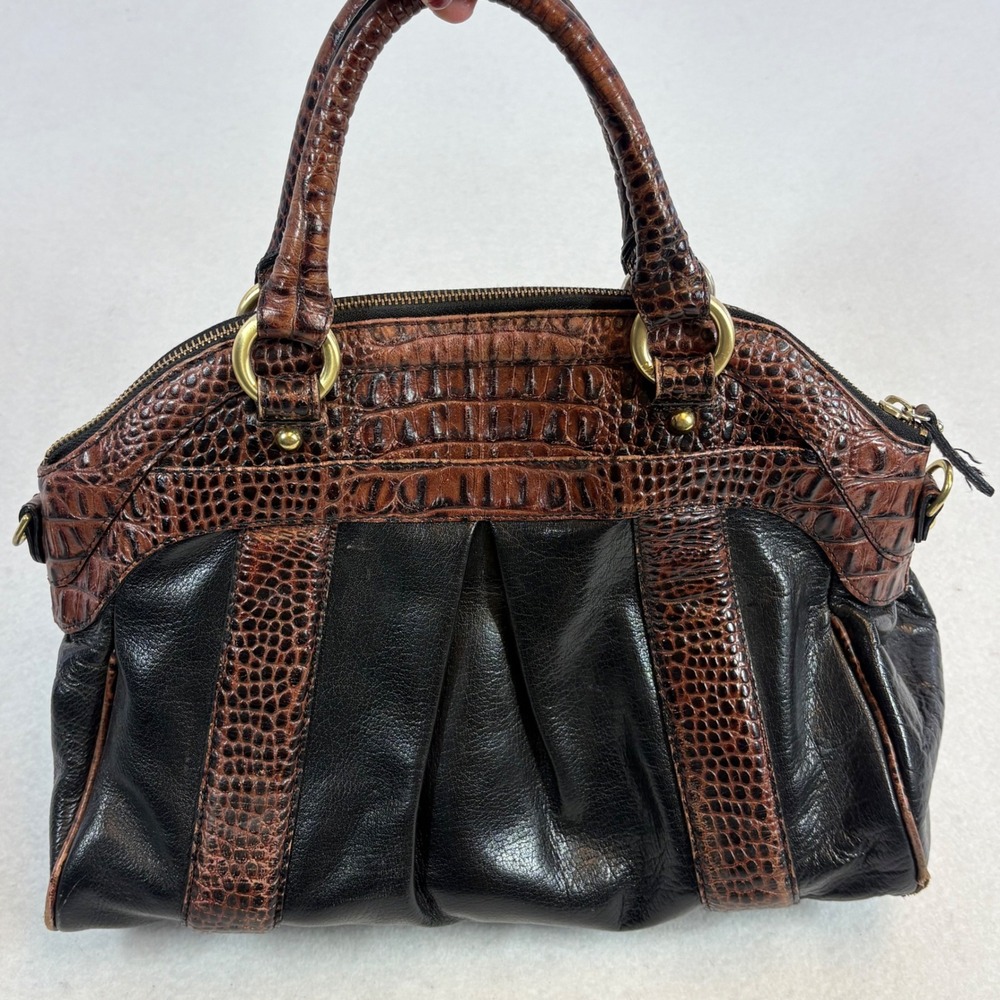 Brahmin Louise Rose Satchel Handbag Black Brown Croc Embossed Mixed Media Purse